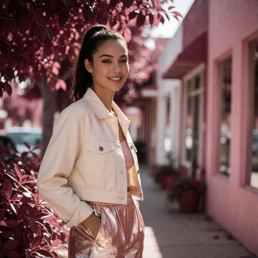 Bright-featured woman in a cream jacket walking a leafy sidewalk in the 12South neighborhood of Nashville