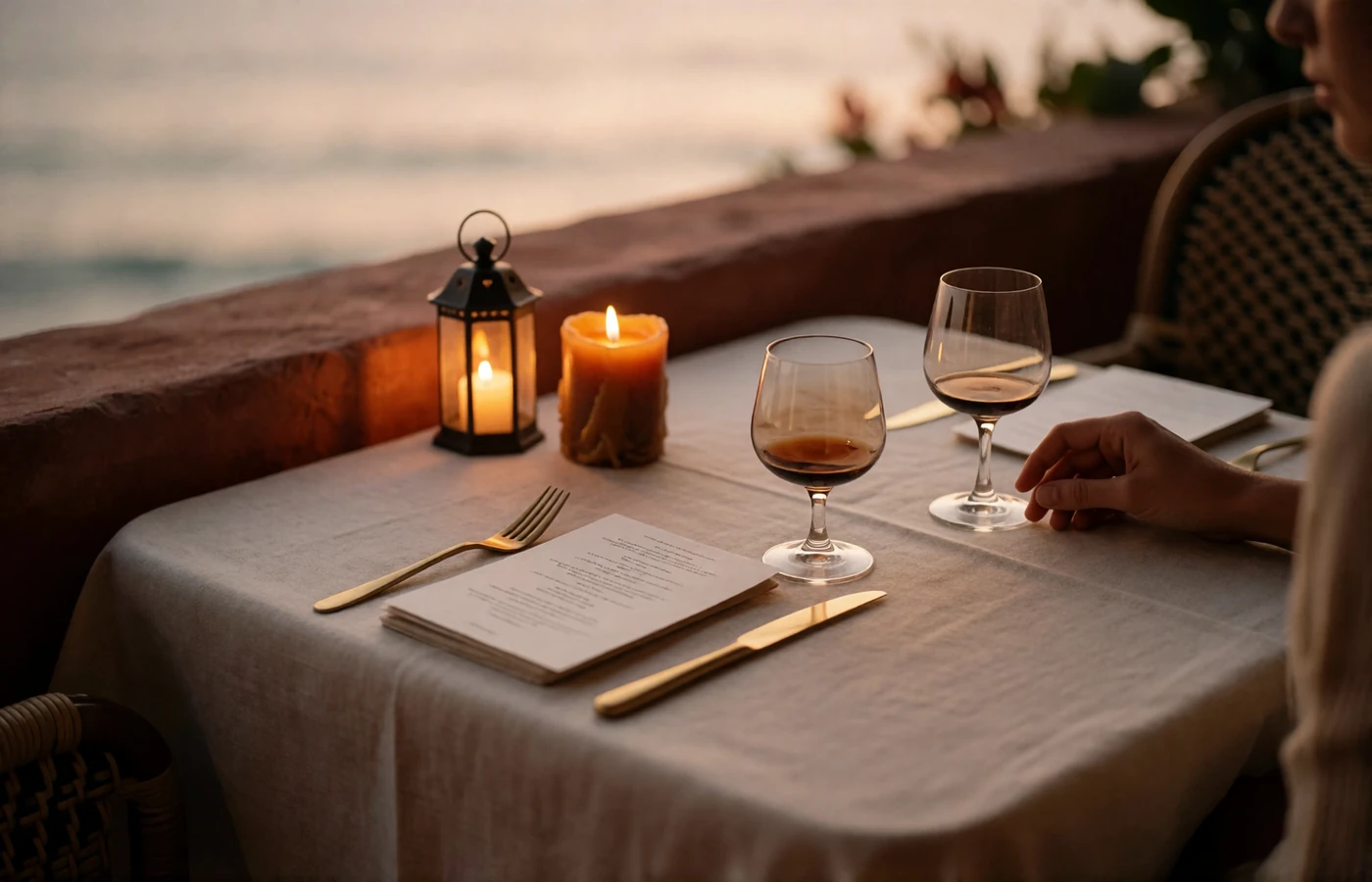 Quiet two-person table set on an upscale San Diego coastal restaurant terrace at dusk