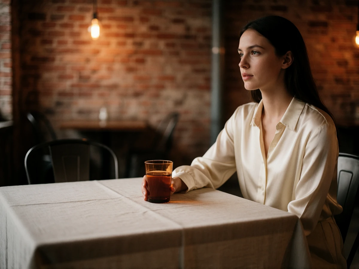 Woman in a cream silk blouse seated at a table in a converted-warehouse restaurant in Chicago