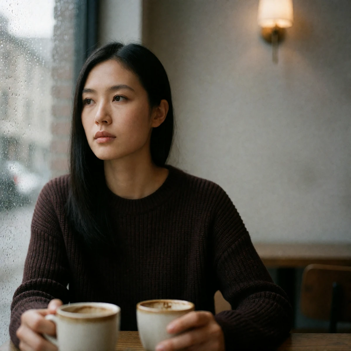 Woman with straight black hair holding a ceramic cup by a rain-flecked Seattle cafe window