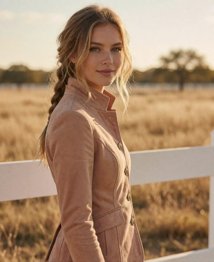 Woman in a tan riding jacket at a paddock fence on a warm Texas afternoon